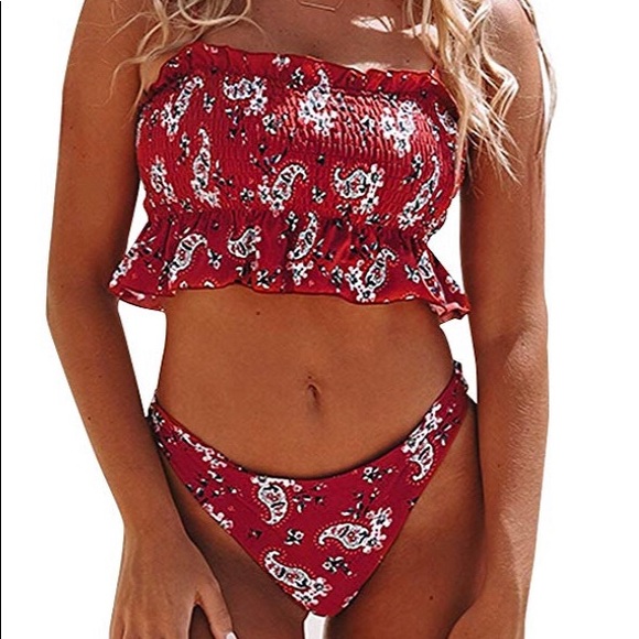 red smocked bikini